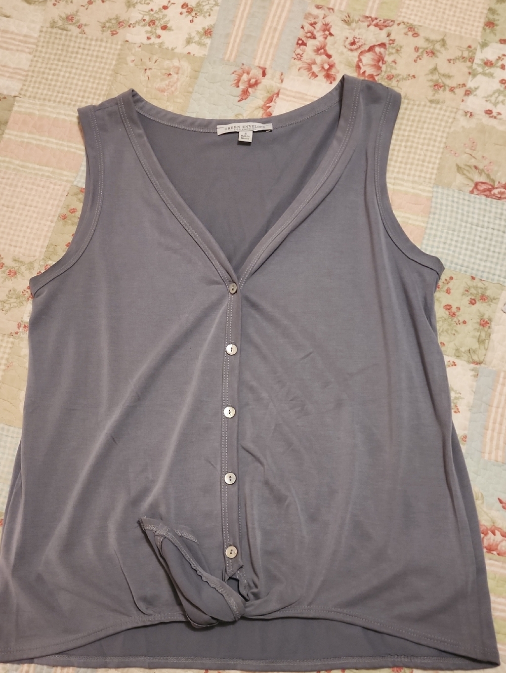 Karen Scott Slate Blue Button-Front V-Neck Tank with Knot Hem